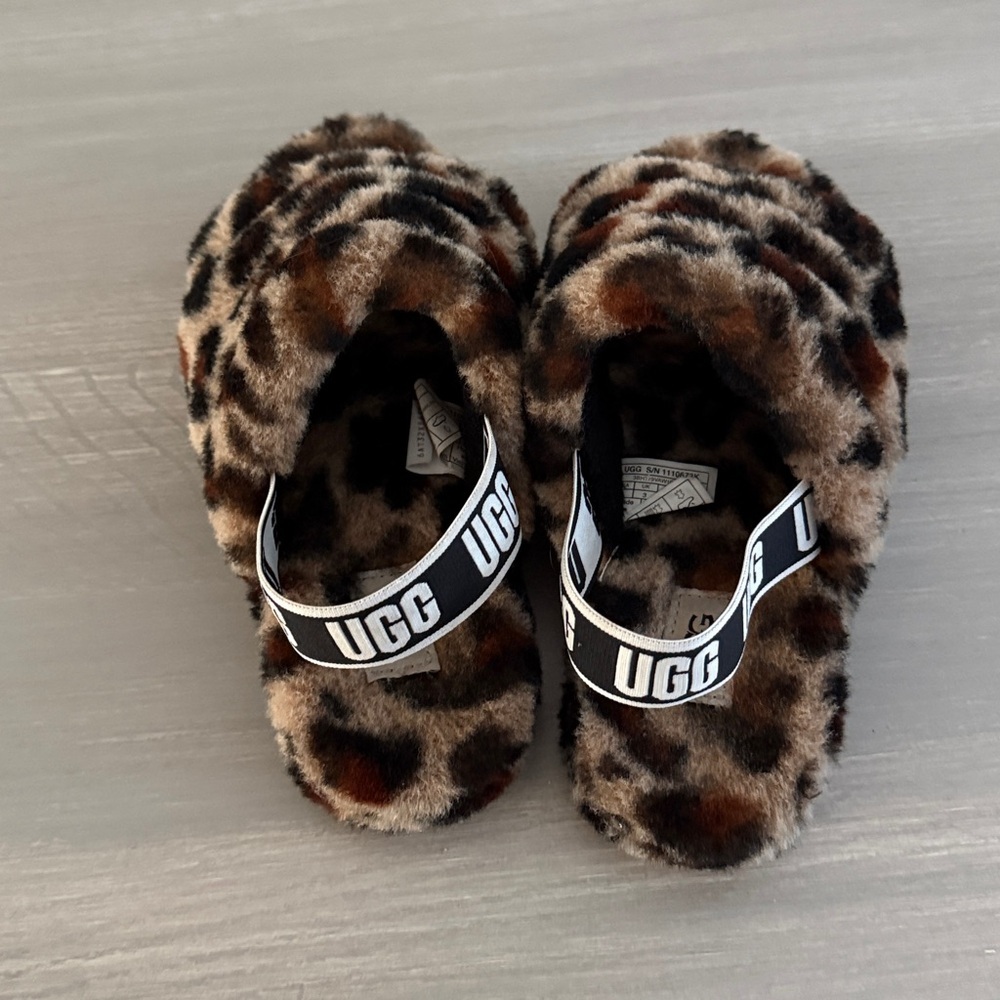 UGG Fluff Yeah Leopard-Print Faux Fur Slingback Slides in Brown and Black - Picture 5 of 7